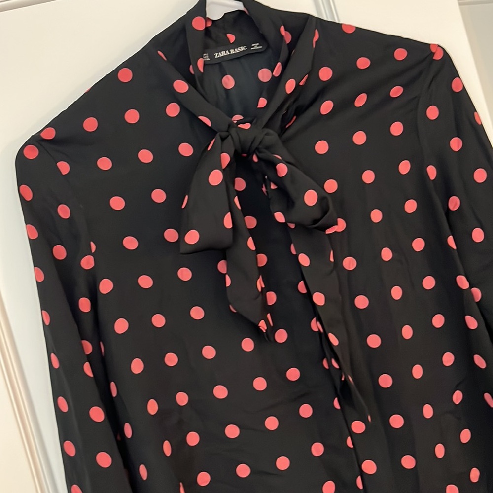 Zara Pink Polka Dot Tie Collar Blouse